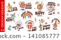 Y2K groovy funky holiday and celebration characters stickers, cartoon vector labels. Y2K stickers with groovy birthday cake and party disco ball, rainbow and funky gift with trippy champagne bottle 141085777