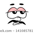 Disappointed upset face emoji with cheerless emotion expression and mustaches for cartoon emoticon icon. Discontent face with scorn look of disappointed expression and ironic sympathy for smile emoji 141085781