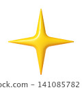 Yellow 3d four point star realistic symbol. Isolated star form, yellow sparkle symbol or realistic vector element. Light spark shape or four point star glossy balloon, geometric 3d render figure 141085782
