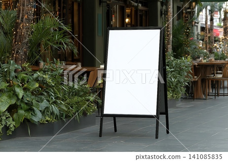 Blank white outdoor advertising stand sandwich board mock up template. Clear street signage board placed by an outdoor dinning area of a restaurant. 141085835