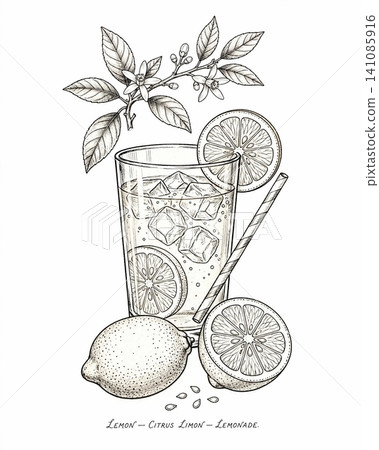 Detailed hand drawn illustration of refreshing lemonade with citrus fruit slices and blossoming twigs for culinary and beverage menu design concepts Detailed hand drawn illustration of refreshing lemonade with citrus fruit slices and blossoming twigs for culinary and beverage menu design concepts 141085916