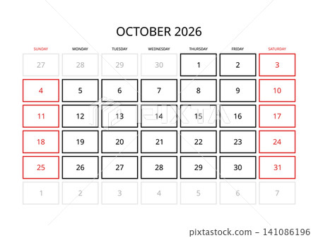 October 2026 English Blank Monthly Planner Grid Clean Business Calendar Template 141086196