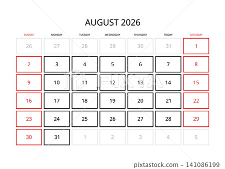 August 2026 English Minimalist Wall Calendar Page Corporate Project Management L 141086199