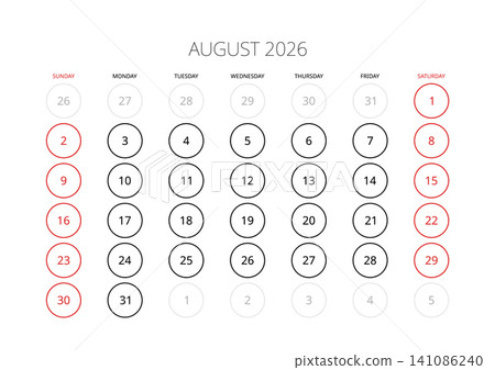 August 2026 English Blank Monthly Planner Grid Clean Business Calendar Template 141086240