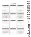 English 2030 Vertical 3x4 calendar Grid  141086344