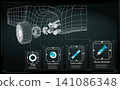 Car suspension design shows components like tires, brake assistant, drive shafts, and shock absorber in a detailed view 141086348