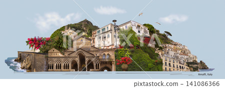 Collage of Amalfi, located on the Amalfi Coast, with its azure sea and beautiful colorful cliffside houses Collage of Amalfi, located on the Amalfi Coast, with its azure sea and beautiful colorful cliffside houses 141086366