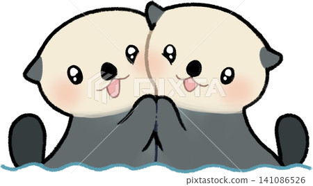 Sea otters sticking their heads out of the water and snuggling together Sea otters sticking their heads out of the water and snuggling together 141086526