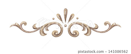 Vintage top symmetric ornament. Hand drawn watercolor gold baroque ornate filigree in elegant rococo style. Classic design for wedding invitation template. Luxury decorative element for gothic logo. Vintage top symmetric ornament. Hand drawn watercolor gold baroque ornate filigree in elegant rococo style. Classic design for wedding invitation template. Luxury decorative element for gothic logo. 141086562