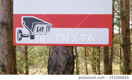 White and red sign with a security camera icon and red horizontal stripe, nailed to a rough tree trunk in a forest with blurred foliage background. White and red sign with a security camera icon and red horizontal stripe, nailed to a rough tree trunk in a forest with blurred foliage background. 141086688