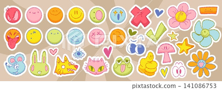 Trendy Y2K sticker pack with groovy smiling faces Trendy Y2K sticker pack with groovy smiling faces 141086753