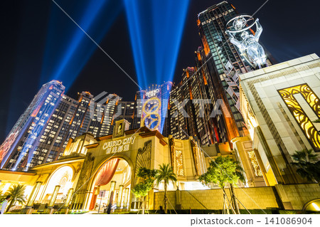 Beautiful night view of Studio City is a hotel casino resort on the Cotai Strip in Macau, China, a Hollywood studio-themed leisure resort. 141086904