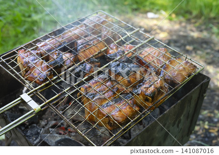 Enjoying shashlik on a mangal grill during a weekend gathering in nature 141087016