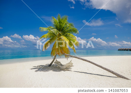 Beautiful tropical beach, single palm tree, calm turquoise sea, soft white sand. Idyllic summer island paradise, peaceful vacation getaway. Relaxing coastal escape background wallpaper 141087053