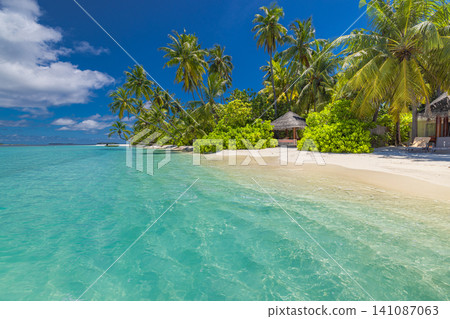 Beautiful tropical beach, palm trees, crystal turquoise sea, powdery white sand. Lush summer island paradise, peaceful vacation getaway. Relaxing coastal escape background wallpaper scene Beautiful tropical beach, palm trees, crystal turquoise sea, powdery white sand. Lush summer island paradise, peaceful vacation getaway. Relaxing coastal escape background wallpaper scene 141087063