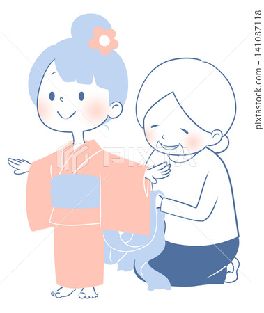 一幅祖母給孫子穿浴衣的插圖。 一幅祖母給孫子穿浴衣的插圖。 141087118