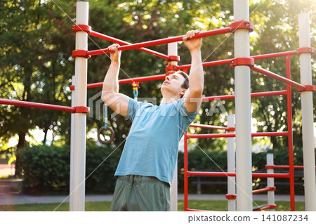 man does pullups during an outdoor workout at a fitness park. This calisthenics training highlights strength, exercise, and a healthy lifestyle. man does pullups during an outdoor workout at a fitness park. This calisthenics training highlights strength, exercise, and a healthy lifestyle. 141087234