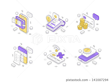 Online Payments And Mobile Banking Services Isometric Vector Illustration Icon Set Online Payments And Mobile Banking Services Isometric Vector Illustration Icon Set 141087294