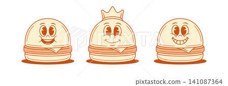 Funky comic burger cartoon character set contoured vector flat illustration Funky comic burger cartoon character set contoured vector flat illustration 141087364