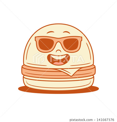 Cool happy burger fast food cartoon character in sunglasses contoured vector flat Cool happy burger fast food cartoon character in sunglasses contoured vector flat 141087376