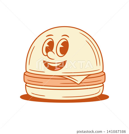 Happy smiling burger fast food cartoon character contoured vector flat illustration Happy smiling burger fast food cartoon character contoured vector flat illustration 141087386