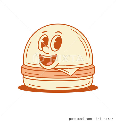 Smiling cheerful burger fast food cartoon character happy contoured vector flat illustration Smiling cheerful burger fast food cartoon character happy contoured vector flat illustration 141087387