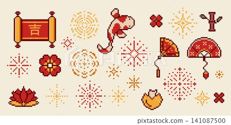 Chinese pixel art game icons, festive 8-bit design 141087500