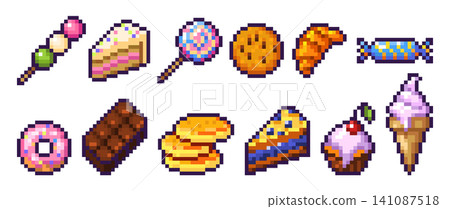 Pixel art sweet icons, 8 bit game food dessert set Pixel art sweet icons, 8 bit game food dessert set 141087518
