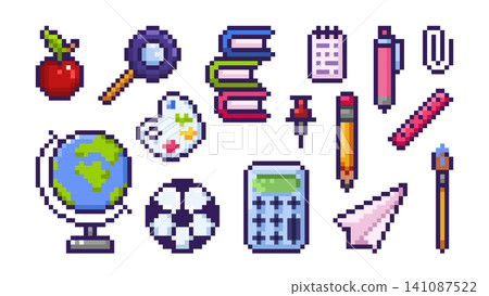 Pixel art 8bit school icons, educational supplies Pixel art 8bit school icons, educational supplies 141087522