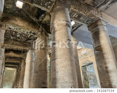 Beautiful interiors and ancient hieroglyphs in the Temple of Seti I in Abydos, Egypt. 141087534