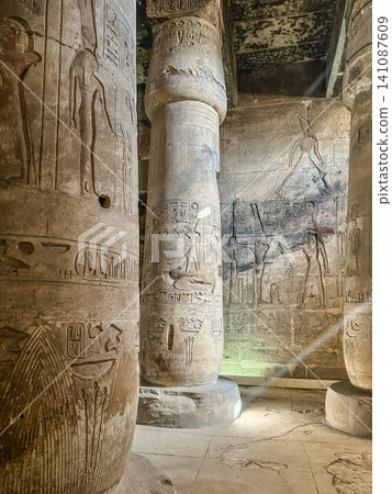 Beautiful interiors and ancient hieroglyphs in the Temple of Seti I in Abydos, Egypt. Beautiful interiors and ancient hieroglyphs in the Temple of Seti I in Abydos, Egypt. 141087609