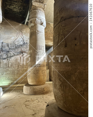 Beautiful interiors and ancient hieroglyphs in the Temple of Seti I in Abydos, Egypt. 141087610