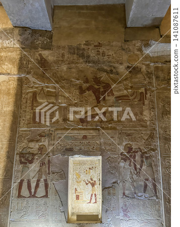 Beautiful interiors and ancient hieroglyphs in the Temple of Seti I in Abydos, Egypt. 141087611