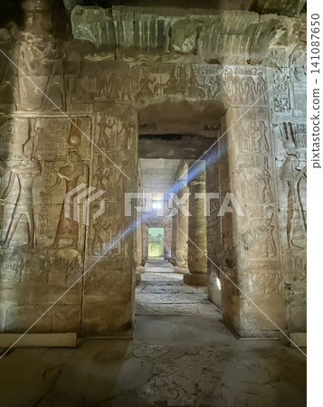 Beautiful interiors and ancient hieroglyphs in the Temple of Seti I in Abydos, Egypt. 141087650