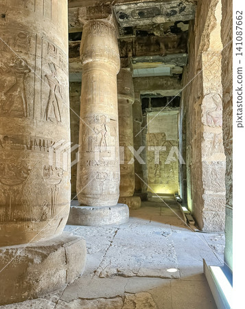 Beautiful interiors and ancient hieroglyphs in the Temple of Seti I in Abydos, Egypt. Beautiful interiors and ancient hieroglyphs in the Temple of Seti I in Abydos, Egypt. 141087662
