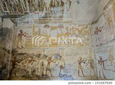 Beautiful bas-reliefs and ancient hieroglyphs in the Temple of Seti I in Abydos, Egypt. Beautiful bas-reliefs and ancient hieroglyphs in the Temple of Seti I in Abydos, Egypt. 141087690