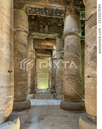 Beautiful interiors and ancient hieroglyphs in the Temple of Seti I in Abydos, Egypt. 141087694