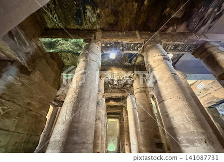 Beautiful interiors and ancient hieroglyphs in the Temple of Seti I in Abydos, Egypt. Beautiful interiors and ancient hieroglyphs in the Temple of Seti I in Abydos, Egypt. 141087731