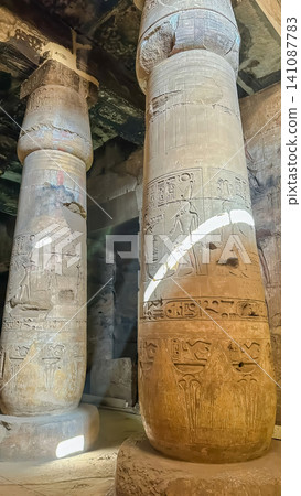 Beautiful interiors and ancient hieroglyphs in the Temple of Seti I in Abydos, Egypt. 141087783