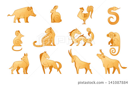 Golden Chinese zodiac animal icons set Golden Chinese zodiac animal icons set 141087884