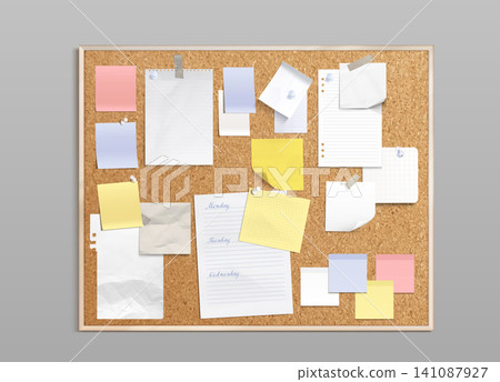 Realistic paper memo notes pinned to cork board Realistic paper memo notes pinned to cork board 141087927