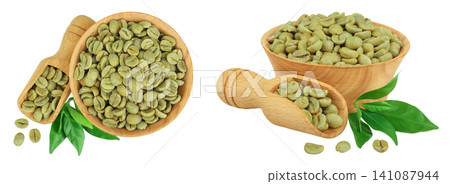 Green coffee beans in wooden bowl and scoop isolated on white background. Top view 141087944