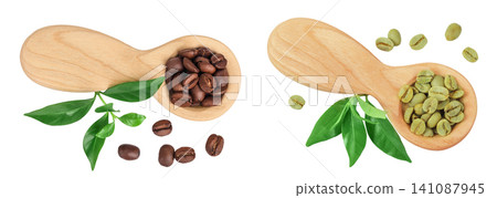 roasted and unroasted coffee beans in wooden spoon isolated on a white background. Top view roasted and unroasted coffee beans in wooden spoon isolated on a white background. Top view 141087945