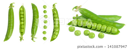Fresh green pea pod with beans isolated on white background. Top view. Flat lay Fresh green pea pod with beans isolated on white background. Top view. Flat lay 141087947