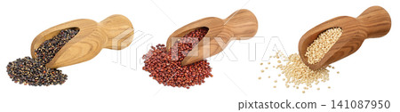 black red and white quinoa in wooden scoop isolated on white background black red and white quinoa in wooden scoop isolated on white background 141087950