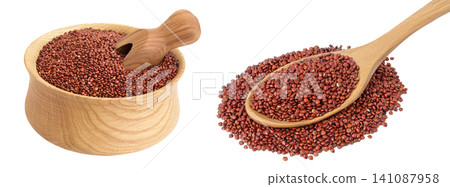 red quinoa seeds in wooden bowl and spoon isolated on white background with full depth of field red quinoa seeds in wooden bowl and spoon isolated on white background with full depth of field 141087958