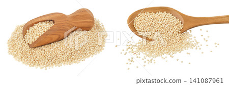 white quinoa seeds in wooden scoop and spoon isolated on white background with full depth of field. white quinoa seeds in wooden scoop and spoon isolated on white background with full depth of field. 141087961