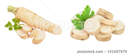 Parsley root with slices and leaves isolated on white background Parsley root with slices and leaves isolated on white background 141087979