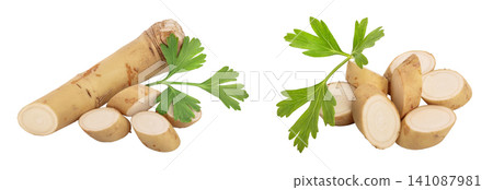 Horseradish root with slices and parsley isolated on white background Horseradish root with slices and parsley isolated on white background 141087981