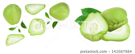 fresh Chayote vegetable isolated on white background with copy space for your text. Top view. Flat lay fresh Chayote vegetable isolated on white background with copy space for your text. Top view. Flat lay 141087984